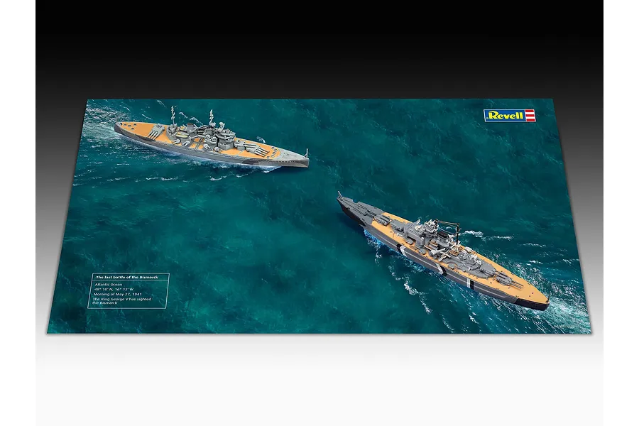 A Revell 1/1200 scale diorama model kit featuring the Bismarck and King George V battleships on a printed ocean display base.