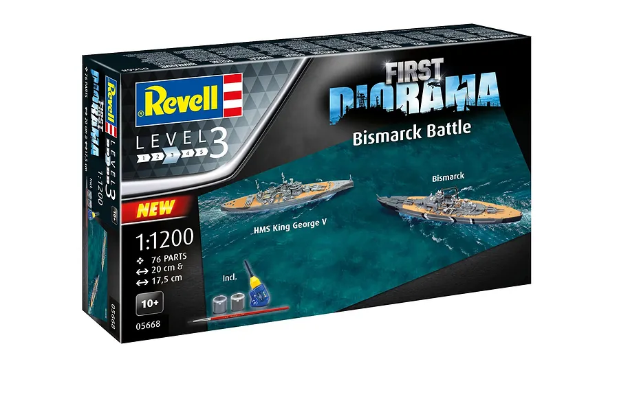 Revell 1/1200 scale First Diorama Bismarck Battle model kit box showing HMS King George V and Bismarck ships on water.
