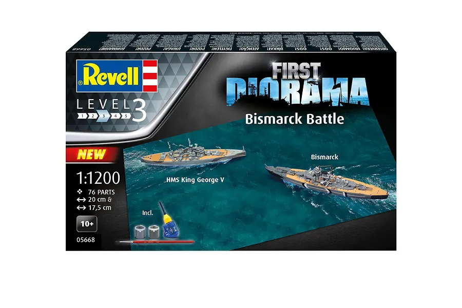 Revell 1/1200 scale First Diorama Bismarck Battle model kit box showing HMS King George V and Bismarck battleships on water.