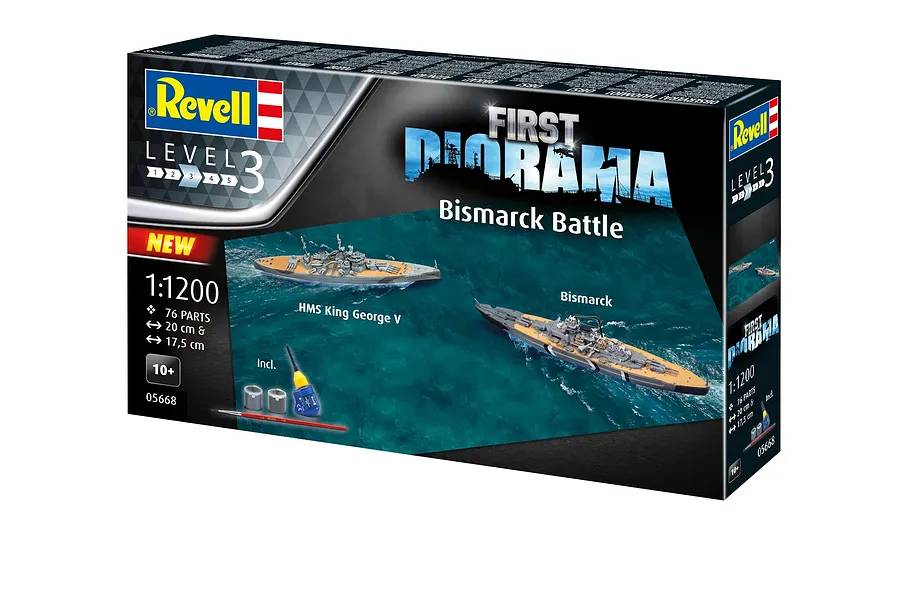 Revell 1/1200 scale First Diorama Bismarck Battle model kit box showing HMS King George V and Bismarck battleships on a water background.