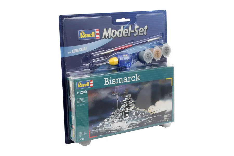 Revell 1/1200 scale Bismarck battleship plastic model starter kit in blister packaging with included paint and glue.