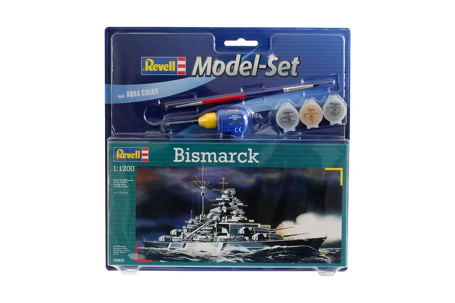 Revell 1/1200 scale Bismarck battleship plastic model starter kit in blister packaging with included paint, glue, and brush.