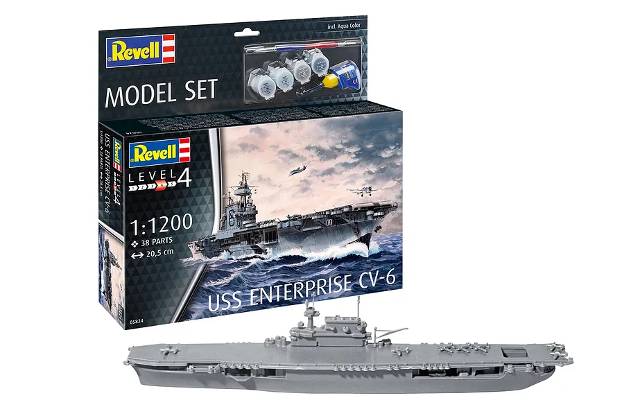 Revell 1/1200 scale USS Enterprise CV-6 plastic model kit box and a fully assembled grey plastic model ship on a white background.