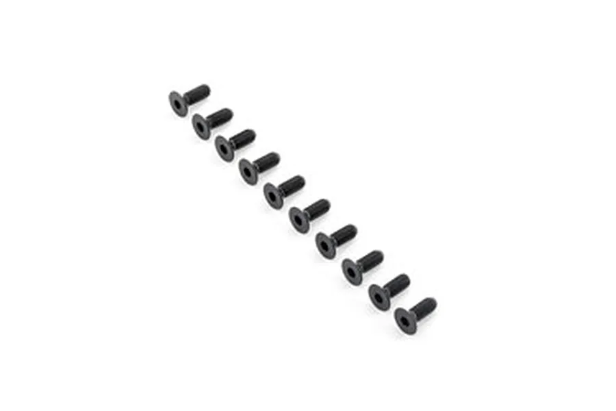 A set of ten black metal countersunk head screws arranged in a diagonal line on a white background.