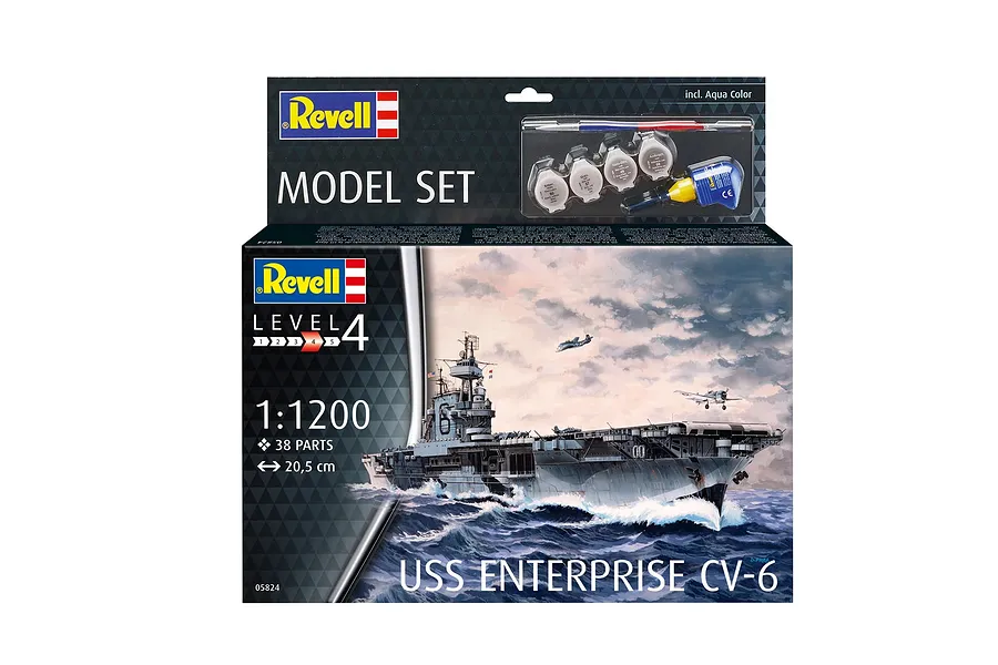 Revell 1/1200 scale USS Enterprise CV-6 model kit box showing the ship at sea with included paints and glue.