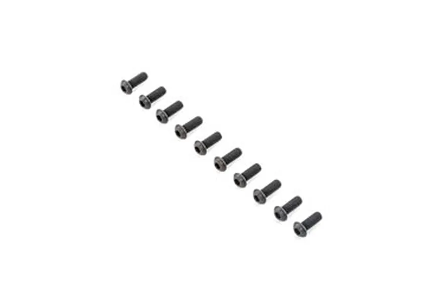 A set of ten black button head screws arranged in a diagonal line against a white background.