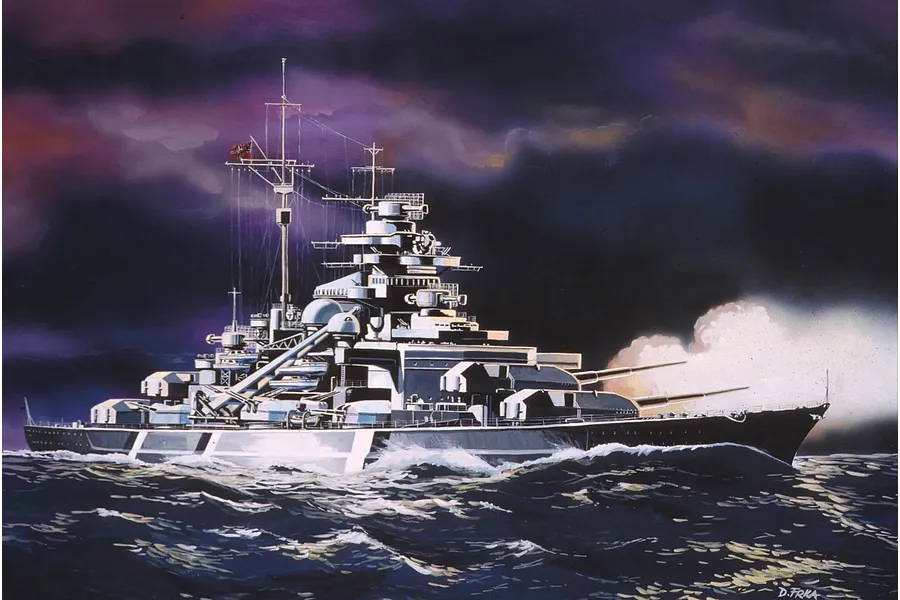 An artistic illustration of the German battleship Bismarck at sea, firing its main guns against a dark, stormy sky.