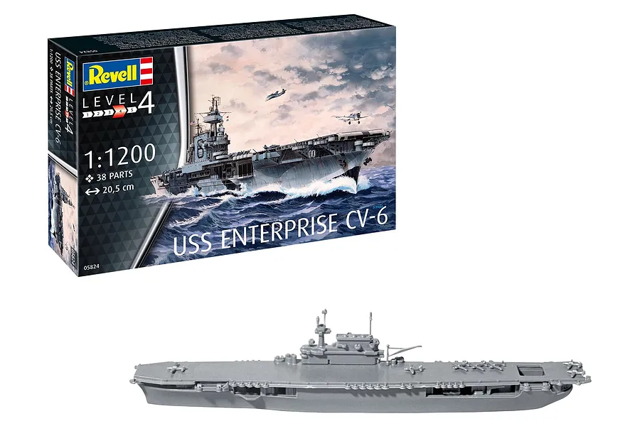 Revell 1/1200 scale USS Enterprise CV-6 plastic model kit box and the assembled grey plastic model ship on a white background.