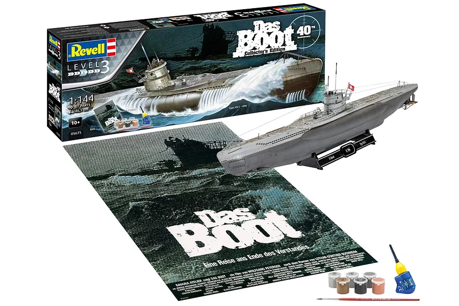Revell 1/144 Das Boot U96 submarine model kit, including the box, assembled model on a stand, a movie poster, paints, and a brush.