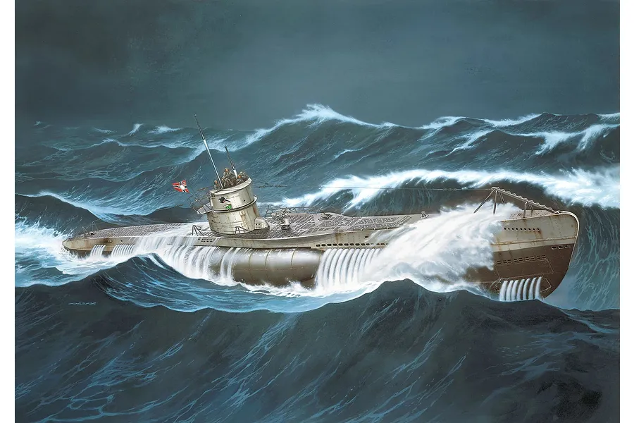 An illustration of a German U-boat submarine cutting through rough, stormy seas with white-capped waves.