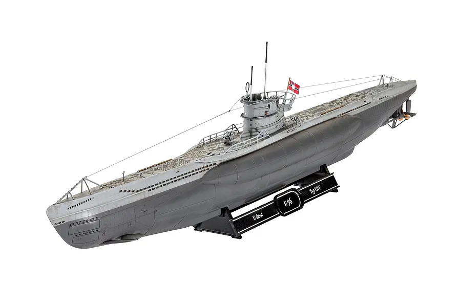 A fully assembled and painted 1/144 scale plastic model of the German U-96 submarine on a black display stand against a white background.
