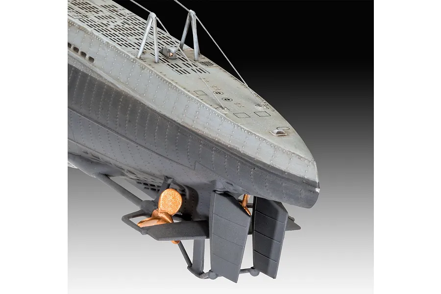 Close-up view of the stern and propeller section of a 1/144 scale U-boat submarine model, showing grey hull details and copper-coloured propellers.