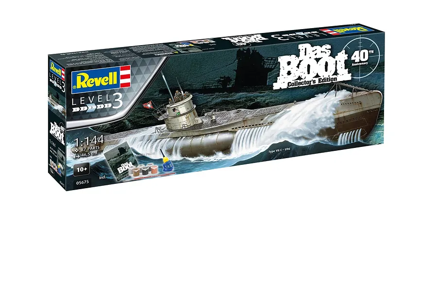 Revell 1/144 scale Das Boot U96 40th Anniversary model kit box showing a submarine in rough seas with included paints, glue, and a poster.