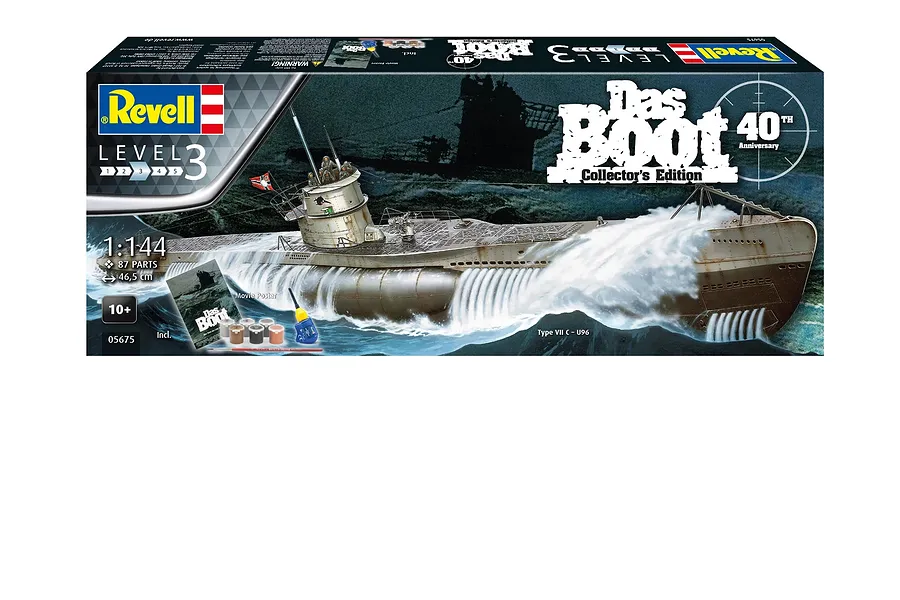 Revell 1/144 scale Das Boot U96 submarine model kit box showing the submarine in rough seas, including paints, glue, and a poster.