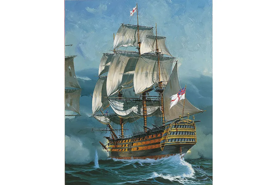 An artistic painting of the HMS Victory sailing on rough seas, showing its detailed rigging, sails, and stern gallery.