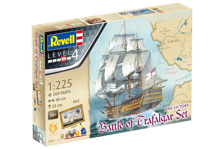 Revell 1/225 scale HMS Victory Battle of Trafalgar model kit box showing the ship at sea, paint pots, brush, and poster.