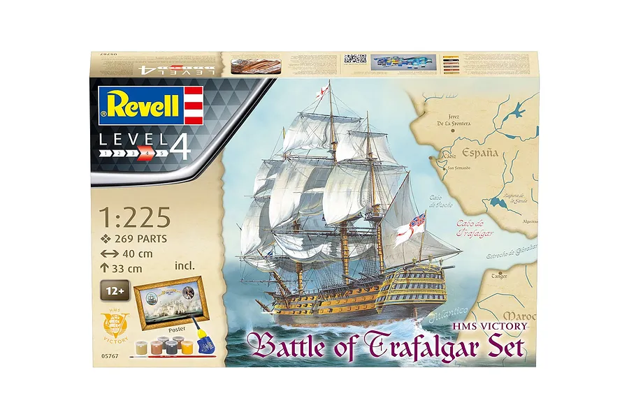 Revell 1/225 scale HMS Victory Battle of Trafalgar model kit box showing a finished ship model, paints, brush, and glue.