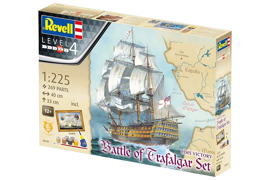 Revell 1/225 scale HMS Victory Battle of Trafalgar model kit box showing the ship, map, and included accessories.