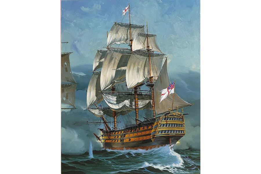 A detailed painting of the HMS Victory sailing ship on the ocean with white sails and a British flag flying.