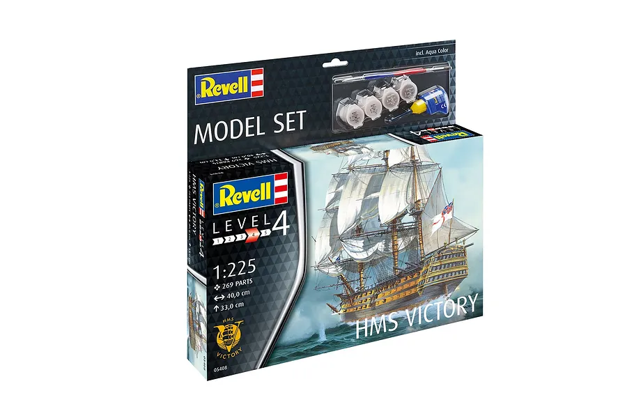Revell 1/225 scale HMS Victory plastic model starter kit box showing the finished ship model, paints, glue, and brush included.