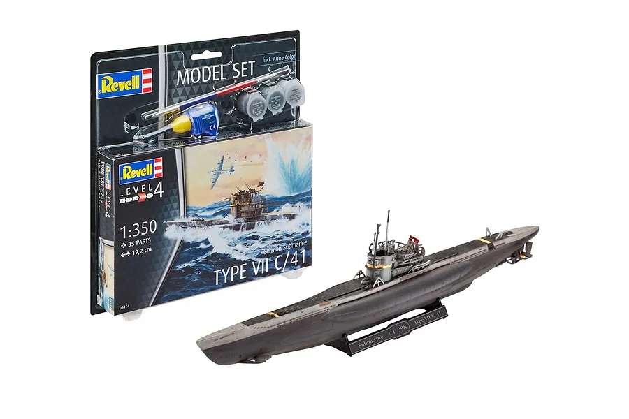 Revell 1/350 scale German Type VII C/41 submarine plastic model kit with its retail packaging, including paint, glue, and brush.