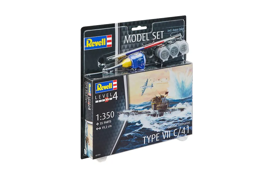 Revell 1/350 scale German Type VII C/41 submarine model starter kit in blister packaging with paint, glue, and brush included.