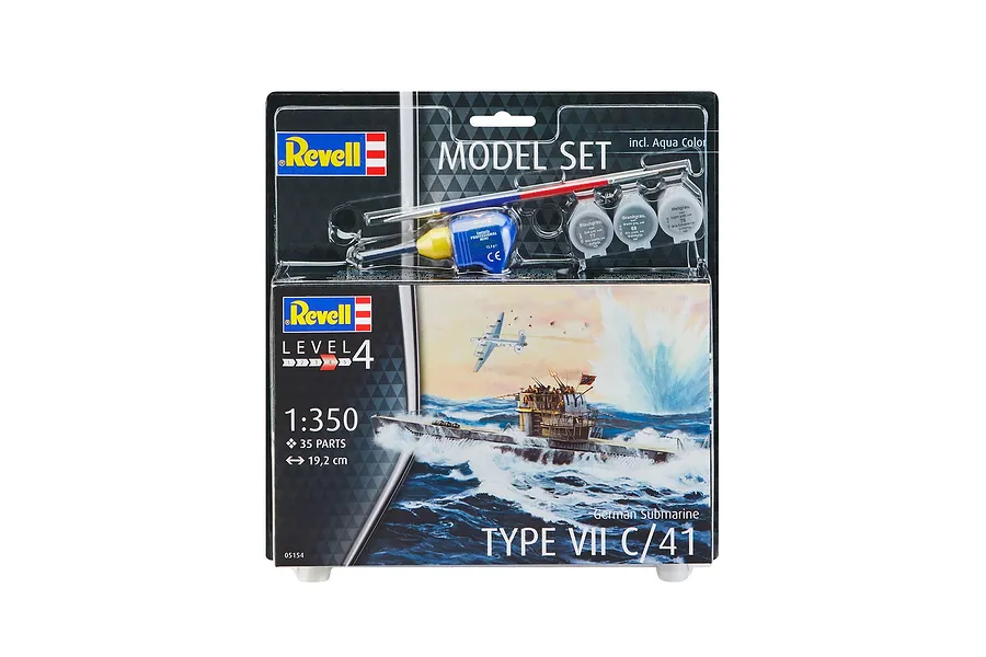 Revell 1/350 scale German Type VII C/41 submarine model starter kit in blister packaging with paints, glue, and brush.
