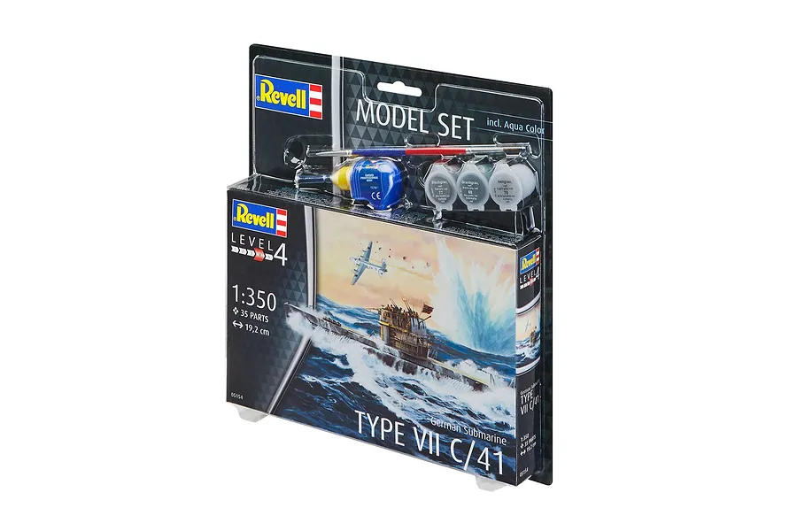 Revell 1/350 scale German Type VII C/41 submarine model kit in blister packaging with included paint, glue, and brush.