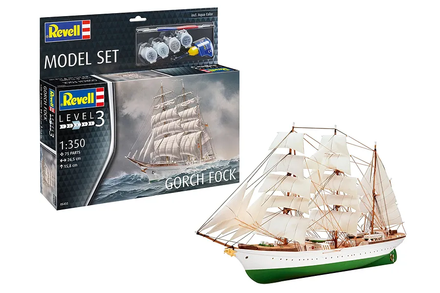 Revell 1/350 scale Gorch Fock model ship kit box and a fully assembled and painted model ship on a white background.