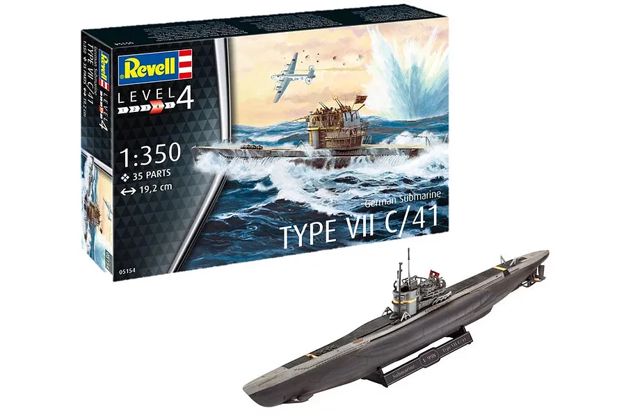 Revell 1/350 German Type VII C/41 Submarine Scaled Plastic Model Starter Kit image 1