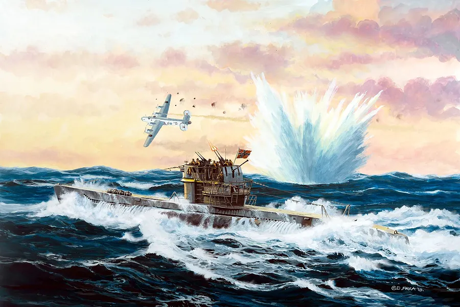 An artistic painting of a German Type VII C/41 submarine on the ocean surface, firing its deck guns at an attacking aircraft with a large water splash nearby.