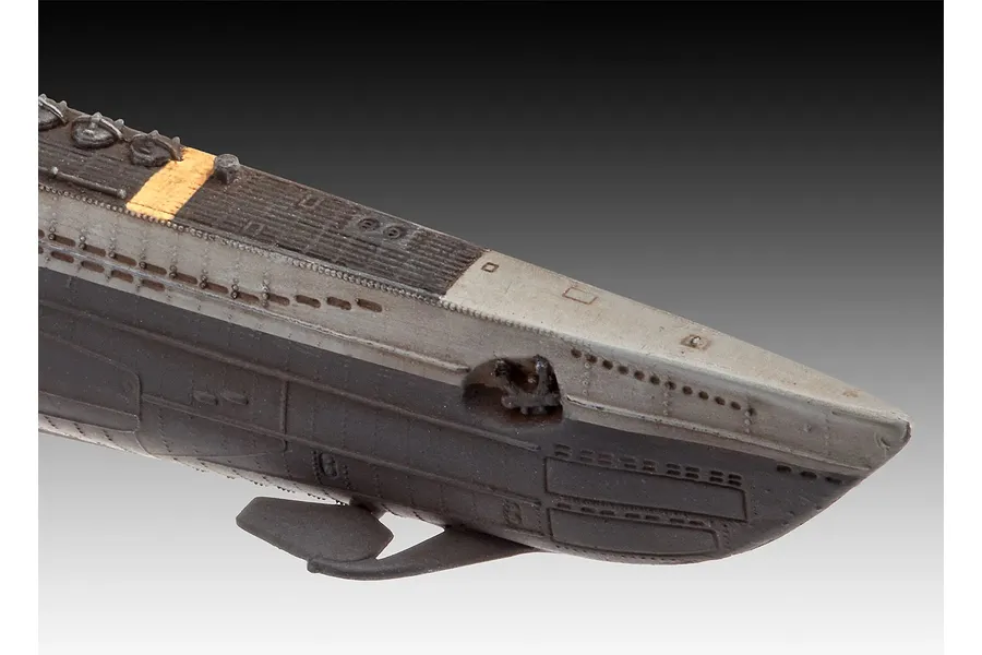 Close-up of the bow section of a painted 1/350 scale Revell German Type VII C/41 submarine model kit.