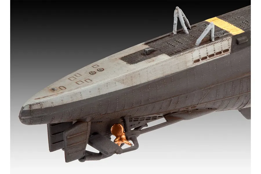Close-up of the stern section of a 1/350 scale German Type VII C/41 submarine model, showing the rudder, propeller, and deck details.