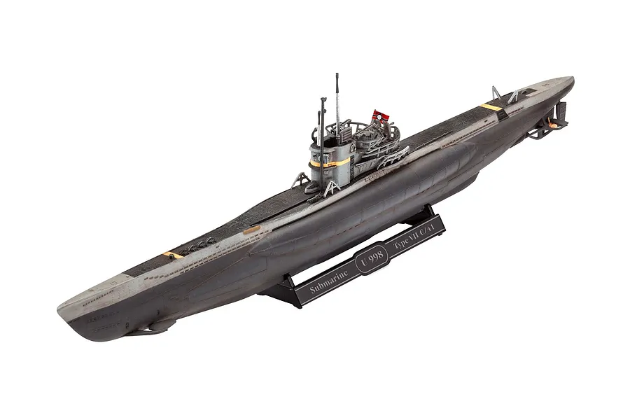A fully assembled and painted 1/350 scale plastic model of a German Type VII C/41 submarine, mounted on a black display stand.