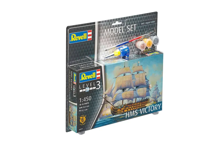 Revell 1/450 scale HMS Victory plastic model starter kit in blister packaging including paints, glue, and a brush.