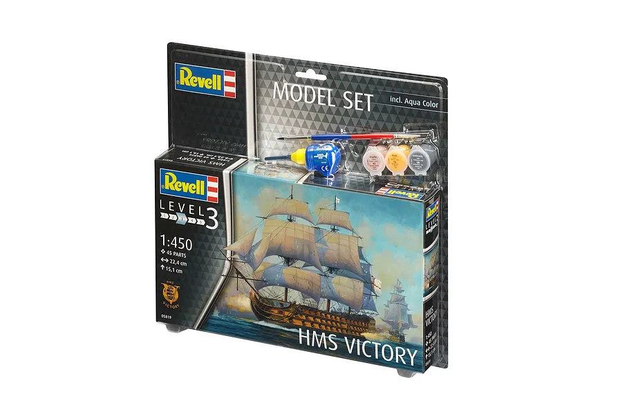 Revell 1/450 scale HMS Victory plastic model starter kit in blister packaging including paints, glue, and a brush.