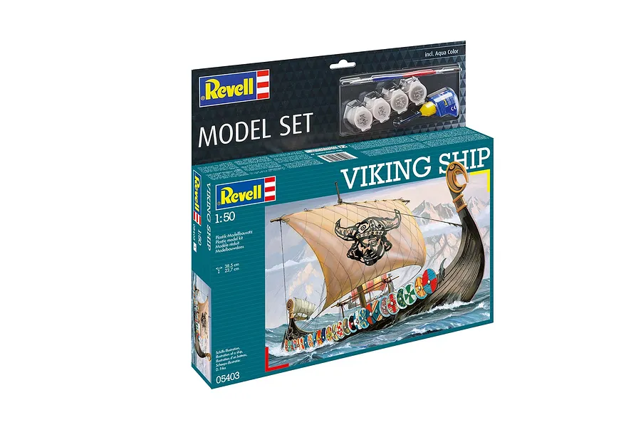 Revell 1/50 scale Viking Ship plastic model starter kit box, featuring an illustration of a Viking longship and included paints, brush, and glue.