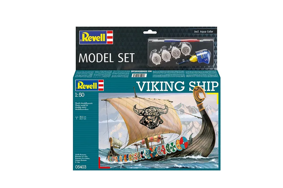 Revell 1/50 scale Viking Ship model kit packaging showing a painted model of a Viking longship on the sea.