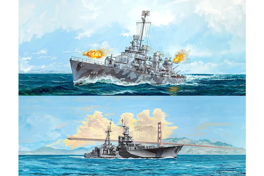 Box art illustration for Revell 1/700 scale model kit featuring the USS Fletcher and USS Indianapolis at sea.