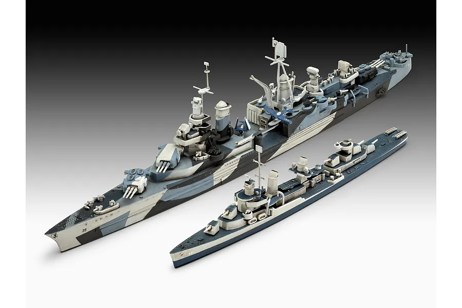 Two assembled and painted 1/700 scale model warships, a larger cruiser and a smaller destroyer, displayed against a gradient background.