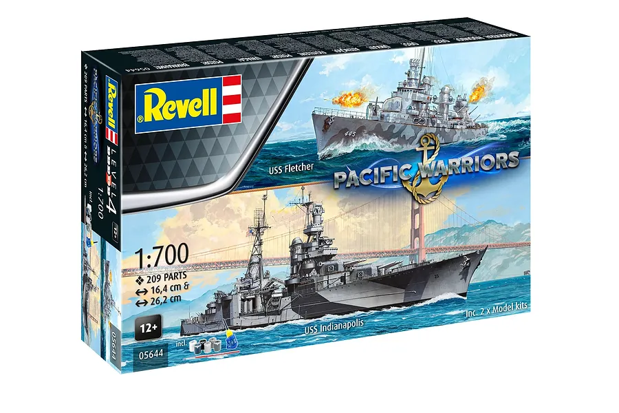 Revell 1/700 scale Pacific Warriors model kit box featuring USS Fletcher and USS Indianapolis naval ships.