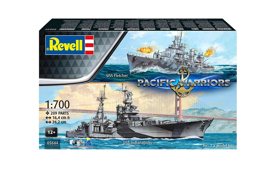 Revell 1/700 scale Pacific Warriors model kit box featuring USS Fletcher and USS Indianapolis ships on the water.