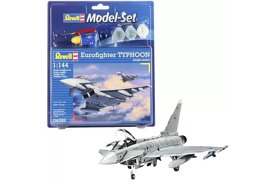 Revell 1/144 scale Eurofighter Typhoon plastic model starter kit with packaging and a fully assembled model.