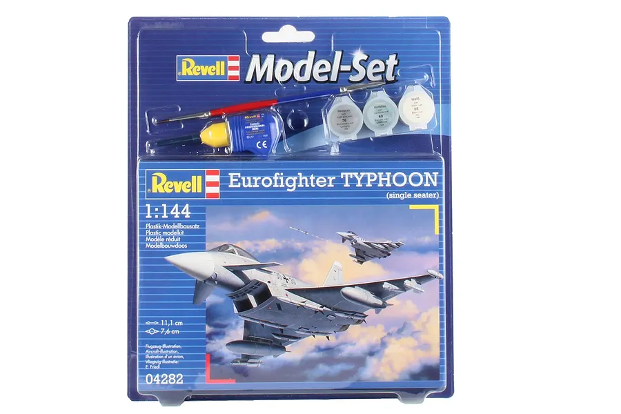 Revell 1/144 scale Eurofighter Typhoon plastic model starter kit in blister packaging with paint, glue, and brush included.