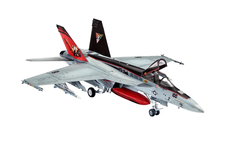 A completed 1/144 scale Revell F/A-18E Super Hornet plastic model kit, featuring VFA-31 squadron markings and a red fuel tank.