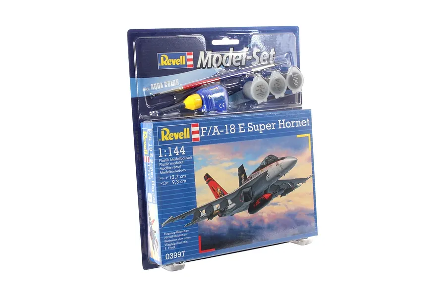 Revell 1/144 F/A-18E Super Hornet model starter kit in blister packaging with included paint, glue, and brush.