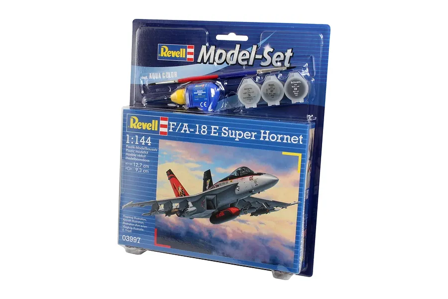 Revell 1/144 scale F/A-18E Super Hornet plastic model starter kit in blister packaging including paint, glue, and a brush.