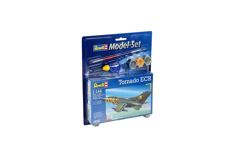 Revell 1/144 scale Tornado ECR plastic model starter kit in blister packaging with included paint, glue, and brush.