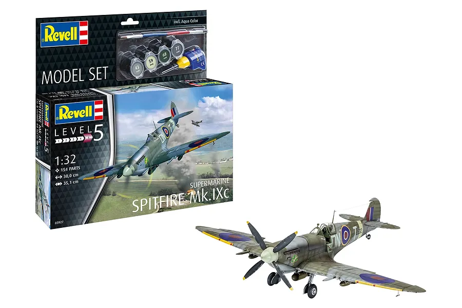 Revell 1/32 scale Supermarine Spitfire Mk.IXc plastic model kit box and a fully assembled, painted model aircraft on a white background.