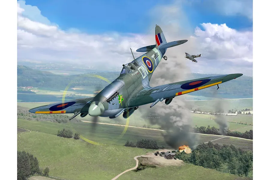 Box art illustration of two Supermarine Spitfire Mk.IXc aircraft flying over a rural landscape with smoke rising from a building below.